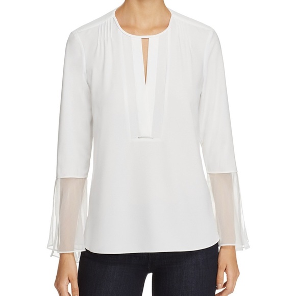 Elie Tahari Tops - Elie Tahari Owen Cream Silk Chiffon Trim Pleated Blouse Bell Sleeve Top